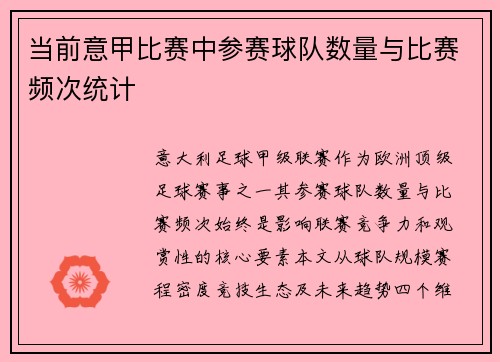 当前意甲比赛中参赛球队数量与比赛频次统计